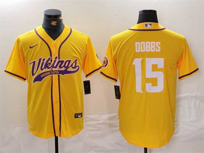 Mens Minnesota Vikings #15 Joshua Dobbs Yellow Cool Base Stitched Baseball Jersey